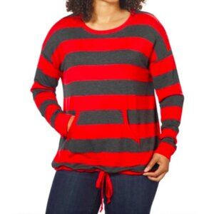 NWT KENSIE Sweater French Terry Crew Neck Pullover Womens Small Red Gray Stripe